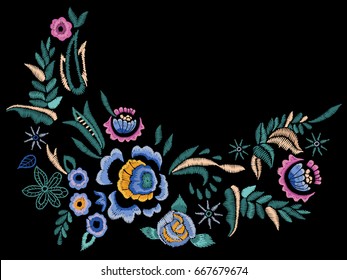 Embroidery Folk Neck Line Pattern With Blue Roses. Vector Embroidered Floral Flowers For Clothing Design.