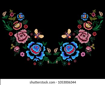 Embroidery folk neckline pattern with flowers and bee. Vector embroidered floral patch for clothing design.