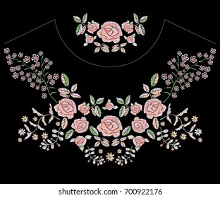 Embroidery folk neckline pattern with simplified tender roses. Vector embroidered floral patches with flowers for clothing design.