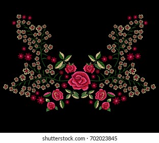 Embroidery folk neckline pattern with simplified red roses. Vector embroidered floral patches with flowers for clothing design.