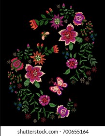 Embroidery folk pattern with fantasy simplify flowers, bee and butterfly. Vector embroidered floral patch for clothing design.