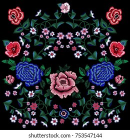 Embroidery folk pattern with fantasy simplify flowers. Vector embroidered floral patch for clothing design.