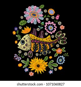 Embroidery folk pattern with fish and flowers. Vector embroidered floral design for fabric.
