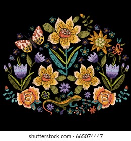 Embroidery folk pattern with roses, sunflowers and moth. Vector embroidered floral bouquet with flowers for clothing design