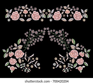 Embroidery folk pattern with simplified roses. Vector embroidered floral patches with flowers for clothing design.
