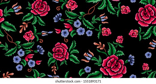 Embroidery folk seamless pattern with wild flowers. Vector embroidered floral patch.