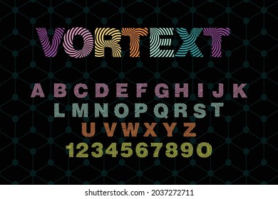 Fuente de bordado con elemento de decoración Diseño de fuente vectorial vórtice estilizado. Alfabeto inglés moderno aislado sobre fondo negro. Ilustración vectorial de letras estilizadas. Tipografía. Tipografía.