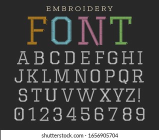 Embroidery font. Fabrics stitch alphabet image, vector embroidered threads type for fabrication textile text, sew letters