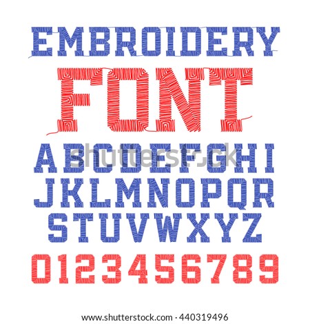 Embroidery font, letters and numbers vector illustration