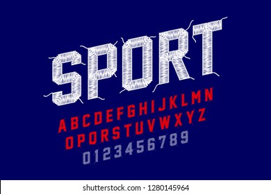 Embroidery font, sports style, stitched with thread alphabet letters and numbers vector illustration