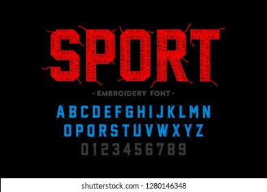 Embroidery Font, Sports Style, Stitched With Thread Alphabet Letters And Numbers Vector Illustration