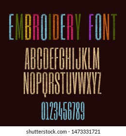 Embroidery font stitched with hand drawn thread. Alphabet letters and numbers vector illustration