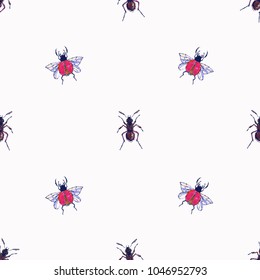 Embroidery forest ant and red flying bug, insect patch. Fashion patches with summer wild nature illustration embroideries. Seamless pattern backdrop. Trendy traditional art on white background.