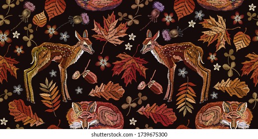 Embroidery, forest deers, sleeping red flox and autumn leaves horizontal seamless pattern. Classical september floral art. Fashionable template for design of clothes 