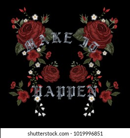 Embroidery fower print with Make to happen slogan print