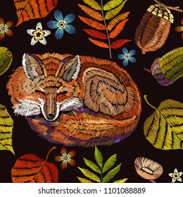 Embroidery fox, autumn seamless pattern. Classical september embroidery autumn leaves and sleeping fox. Fashionable template for design of clothes 