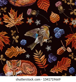 Embroidery fox, birds and autumn seamless pattern. Fashionable template for design of clothes  