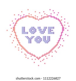 Embroidery frame in the form of heart. Cross-stitch I love you. White background