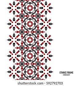 Embroidery frame. Seamless border for design. Handicraft background. Card with stitches and place for text.
