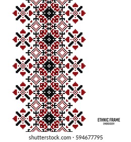 Embroidery frame. Seamless border for design. Handicraft background. Card with stitches and place for text.