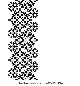 Embroidery frame. Seamless border for design. Handicraft background. Card with pixel design and place for text.