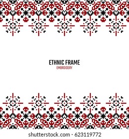 Embroidery frame. Seamless border for design. Handicraft background. Card with pixels and place for text.