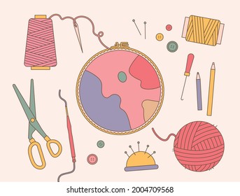  Embroidery frame and sewing tools. flat design style minimal vector illustration.