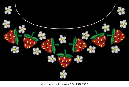 Embroidery frame with strawberry and flower with green leaf. Vector embroidery pattern on the black background for printing on fabric, napkin and other decoration.