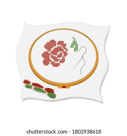 Marco e hilo de bordado, costura, estilo gigante, ilustración de vector de color aislado sobre un fondo blanco, clipart, diseño, decoración, banner