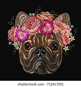 Embroidery french bulldog   beautiful bouquet flowers  Classical embroidery head bulldog  rose  peonies  fashionable design for clothes  t  shirt design 