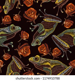 Embroidery frog and buds of red roses seamless pattern. Vintage template for clothes, textiles, t-shirt design