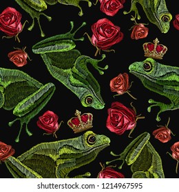 Embroidery frog and buds of red roses seamless pattern. Template for clothes, textiles, t-shirt design