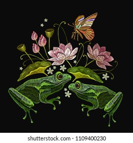 Embroidery frogs, butterfly and lotus flowers. Classical embroidery frogs, pink lotuses, water lily. Clothes template, t-shirt design