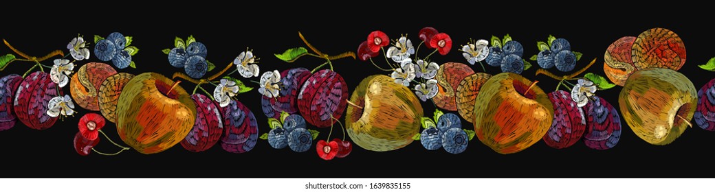 Embroidery fruit horizontal seamless pattern. Apples, plums, cherry. Summer garden art. Template for clothes, textiles, t-shirt design