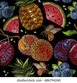 Embroidery fruit seamless pattern. Classic embroidery watermelon, pineapple, plums, berries, butterflies, summer seamless pattern. Template for clothes, textiles, t-shirt design