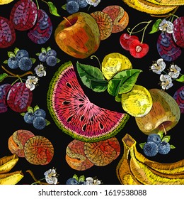 Embroidery fruit seamless pattern. Food art. Template for clothes, textiles, t-shirt design. apples, plums. Summer garden style