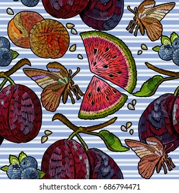Embroidery fruit seamless pattern. Embroidery watermelon, plums, butterflies, summer sweets seamless pattern. Template for clothes, textiles, t-shirt design