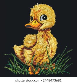 Embroidery funny little yellow 3d duckling on the green grass. Textured cartoon farm animal vector background. Embroidered duck bird pattern illustration. Grunge surface texture. Tapestry duckling.