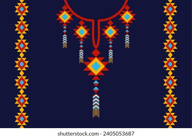 Embroidery geometric ethnic oriental neckline pattern traditional on dark blue background.Aztec style abstract vector illustration.design for texture,fabric,fashion women wearing,decoration,print.