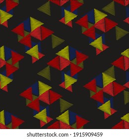 Embroidery. Geometric ornament.Structural image on a white and colored background.