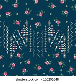 Embroidery geometric pattern with flowers. Vector embroidered illustration for wearing design. Indian, Scandinavian, Mexican.