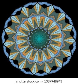 Embroidery geometric round mandala pattern. Vector ornamental background. Tapestry ethnic tribal style geometrical circle ornament. Embroidered shapes, lines, stripes, zig zag. Abstract flowers.