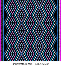 Embroidery geometric vector seamless border pattern. Abstract grunge striped background. Embroidered stripes, lines, zigzag, rhombus. Ethnic border design. Tribal aztec style tapestry ornament