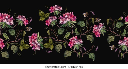 Embroidery geranium flowers and bumble bee horizontal seamless pattern. Fashion spring template for design of clothes 