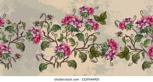 Embroidery geranium spring flowers horizontal horizontal seamless pattern. Template for design of clothes. Botanical fashion art 