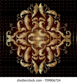 Embroidery gold baroque pattern. Damask vector floral black background with hand drawn grunge vintage gold flowers leaves and antique victorian style ornaments. Design for prints, applications.
