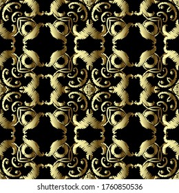 Vector barroco barroco de bordado, patrón sin fisuras. Fondo de grano floral. Papel tapiz. Flores damasquinadas, hojas, adornos barrocos de eclosión. Textura dorada bordada. Diseño texturado.