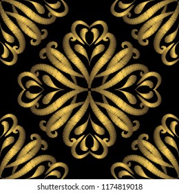 Embroidery gold Damask vector seamless pattern. Tapestry ornamental baroque background. Embroidered ornament in victorian style. Abstract grunge paisley flowers, leaves, swirls. Textured ornate design