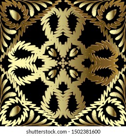 Embroidery gold ethnic vector 3d seamless pattern. Tapestry ornamental floral background. Embroidered ornament. Abstract grunge paisley flowers, leaves, swirls. Textured surface ornate design