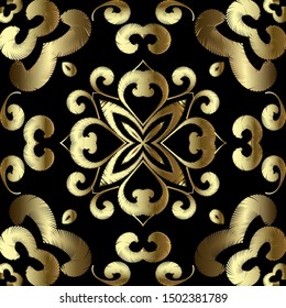 Embroidery gold ethnic vector 3d seamless pattern. Tapestry ornamental floral background. Embroidered ornament. Abstract grunge paisley flowers, leaves, swirls. Textured surface ornate design